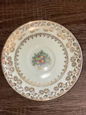 4 Vintage Pope Gosser Floral Gold-Trimmed Cream Saucer 6”